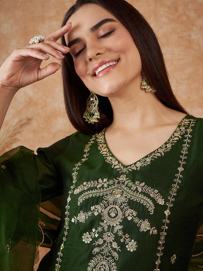 Indyancart SN Women's Floral Embroidered V-Neck Sequinned Straight Kurta With Trousers & Dupatta
