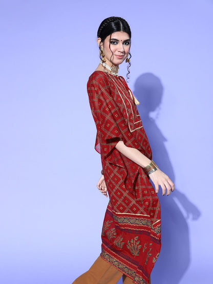 Indyancart IE Women Maroon & Navy Blue Cotton Geometric Printed Extended Sleeves Kaftan Kurta