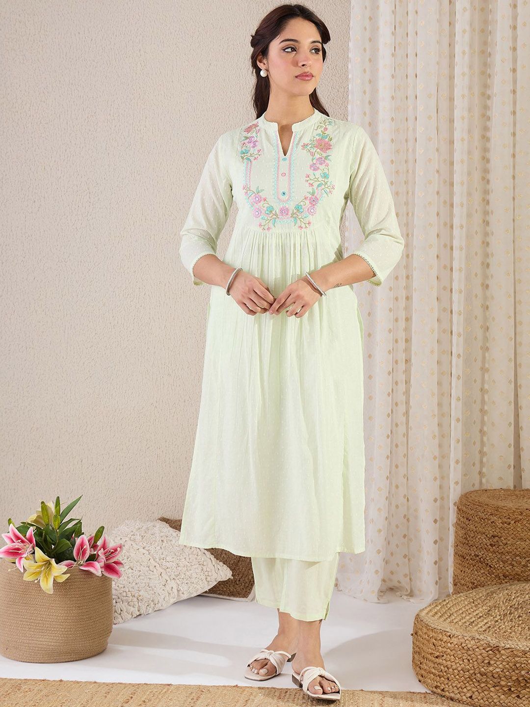 Indyancart IE Embroidered Mandarin Collar A-Line Pure Cotton Kurta With Trousers And Dupatta