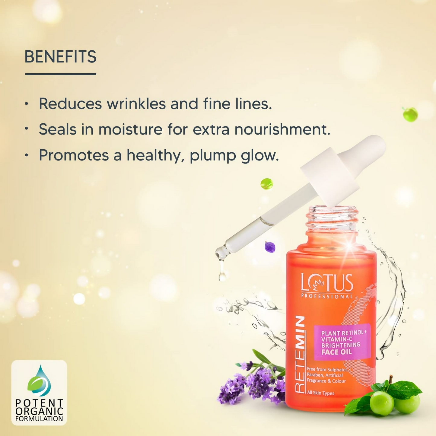 Lotus Herbals Retemin Plant Retinol and Vitamin C face oil with brightening and anti-aging properties, shown in a clear glass bottle.