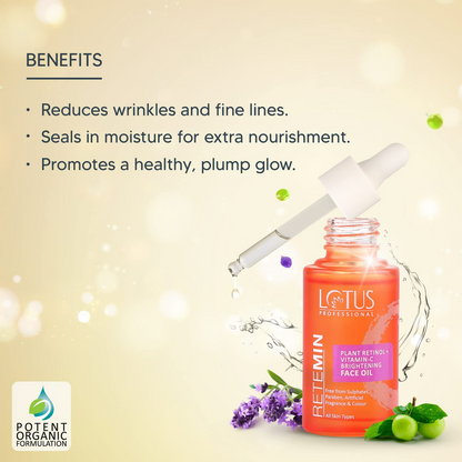 Lotus Herbals Retemin Plant Retinol and Vitamin C face oil with brightening and anti-aging properties, shown in a clear glass bottle.