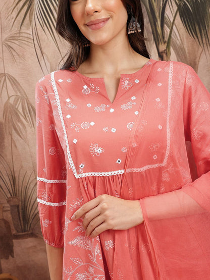 Indyancart SN Women's Floral Printed Pleated Pure Cotton Kurta with Trousers & Dupatta