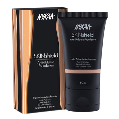Nykaa Cosmetics SkinShield Anti-Pollution Matte Foundation Nude Delight 05 with a smooth, blended beige liquid foundation in a pump bottle