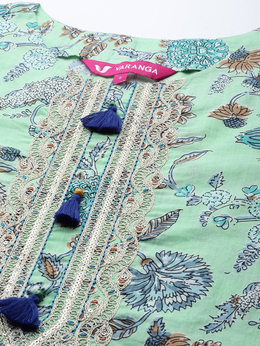 Indyancart VA Women's Blue Pure Cotton Floral Printed Sequinned Kurta with Trousers & With Dupatta