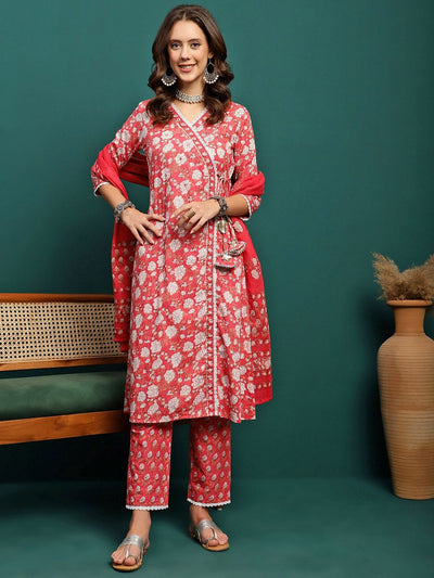 Indyancart SN Women's Floral Printed Pure Cotton V Neck Straight Kurta With Trousers & Dupatta