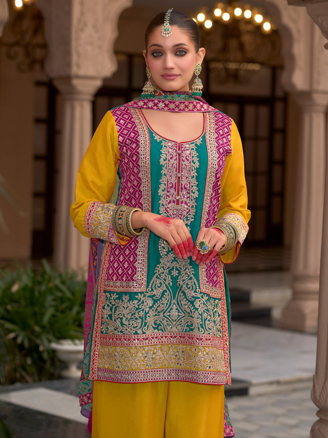 Indyancart IE Floral Embroidered Round Neck Mirror Work Kura With Palazzos & Dupatta