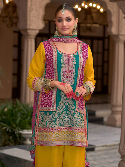 Indyancart IE Floral Embroidered Round Neck Mirror Work Kura With Palazzos & Dupatta