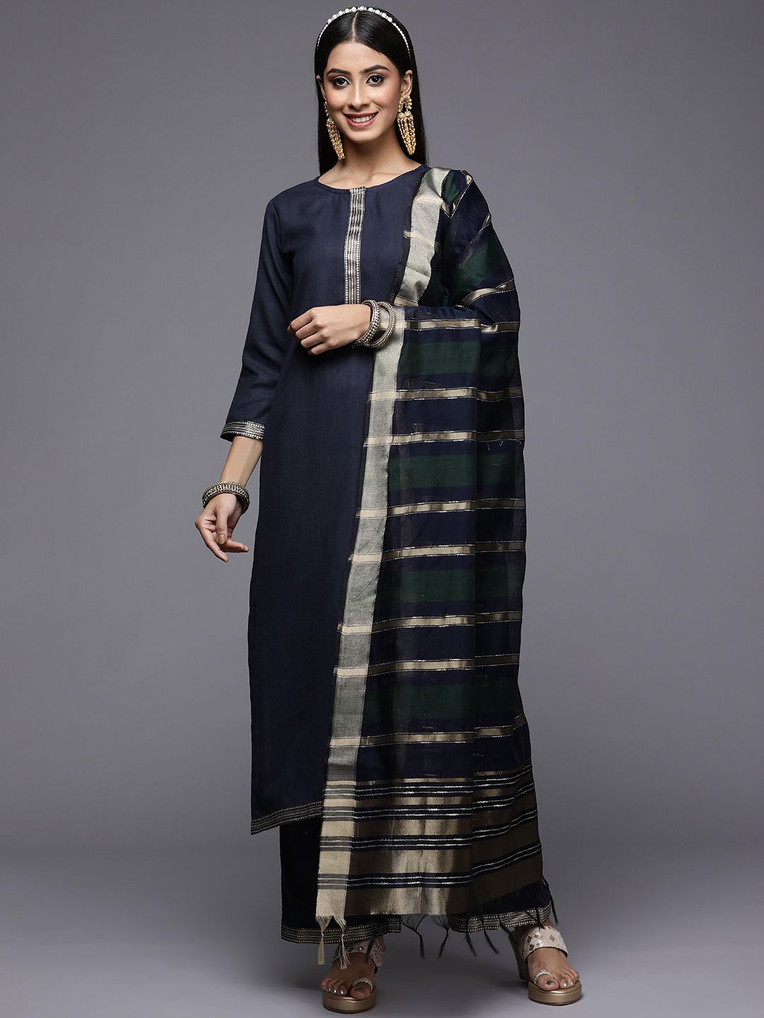 Dhiyona IE Women Navy Blue Ethnic Motifs Yoke Design Kurta with Palazzos & With Dupatta
