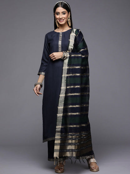 Dhiyona IE Women Navy Blue Ethnic Motifs Yoke Design Kurta with Palazzos & With Dupatta