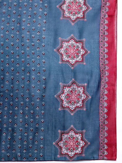 Indyancart IE Ethnic Motifs Printed Mirror Work Pure Cotton Kurta with Trousers & With Dupatta