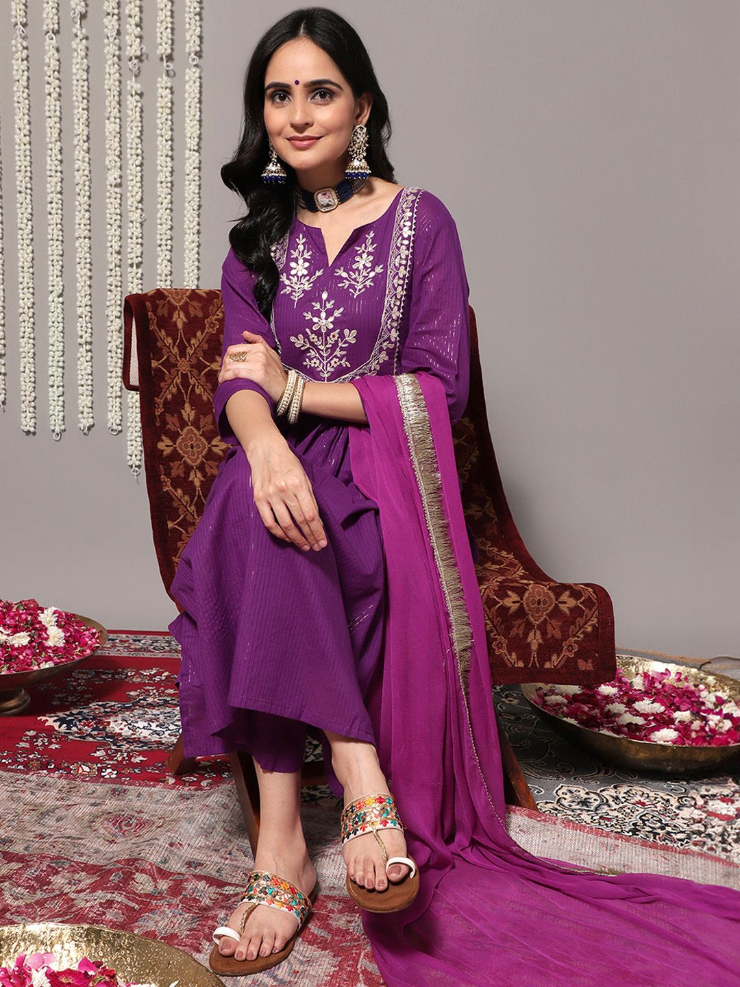 Indyancart VA Women's Purple Ethnic Motifs Yoke Design Pure Cotton Kurta with Trousers & Dupatta