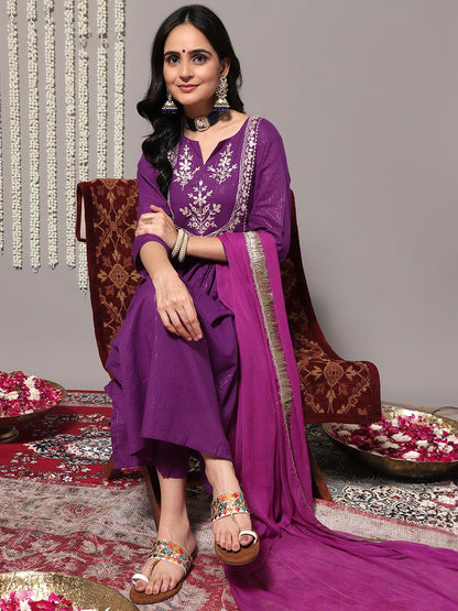Indyancart VA Women's Purple Ethnic Motifs Yoke Design Pure Cotton Kurta with Trousers & Dupatta