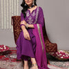 Indyancart VA Women's Purple Ethnic Motifs Yoke Design Pure Cotton Kurta with Trousers & Dupatta