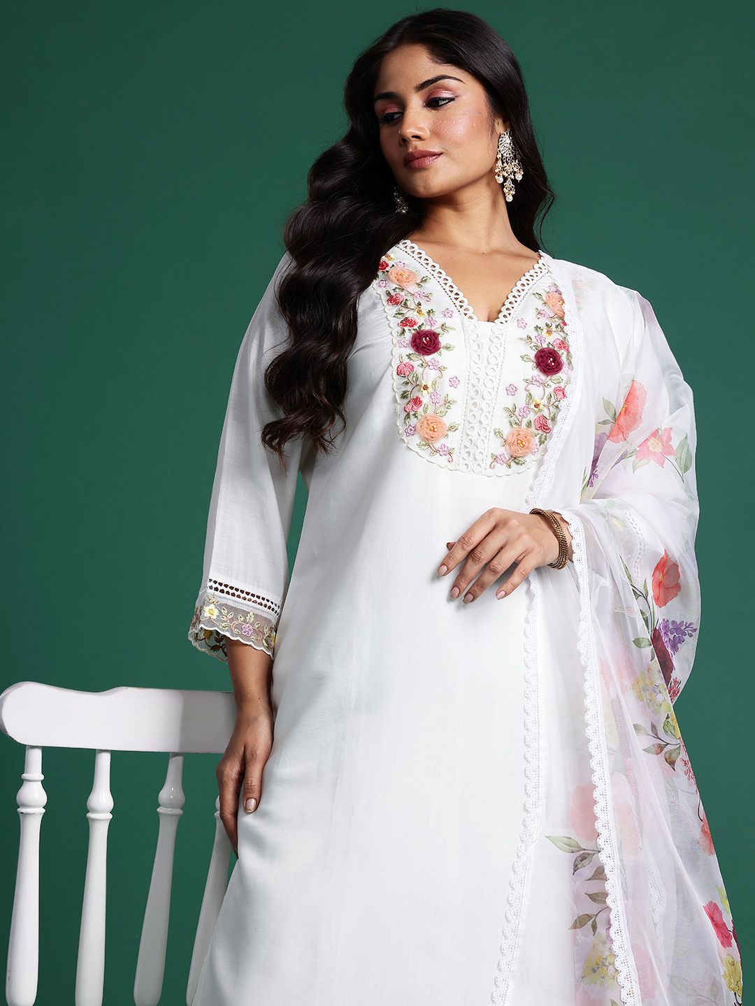 Indyancart Women's Plus Size Floral Embroidered Beads & Stones Kurta with Trousers & With Dupatta