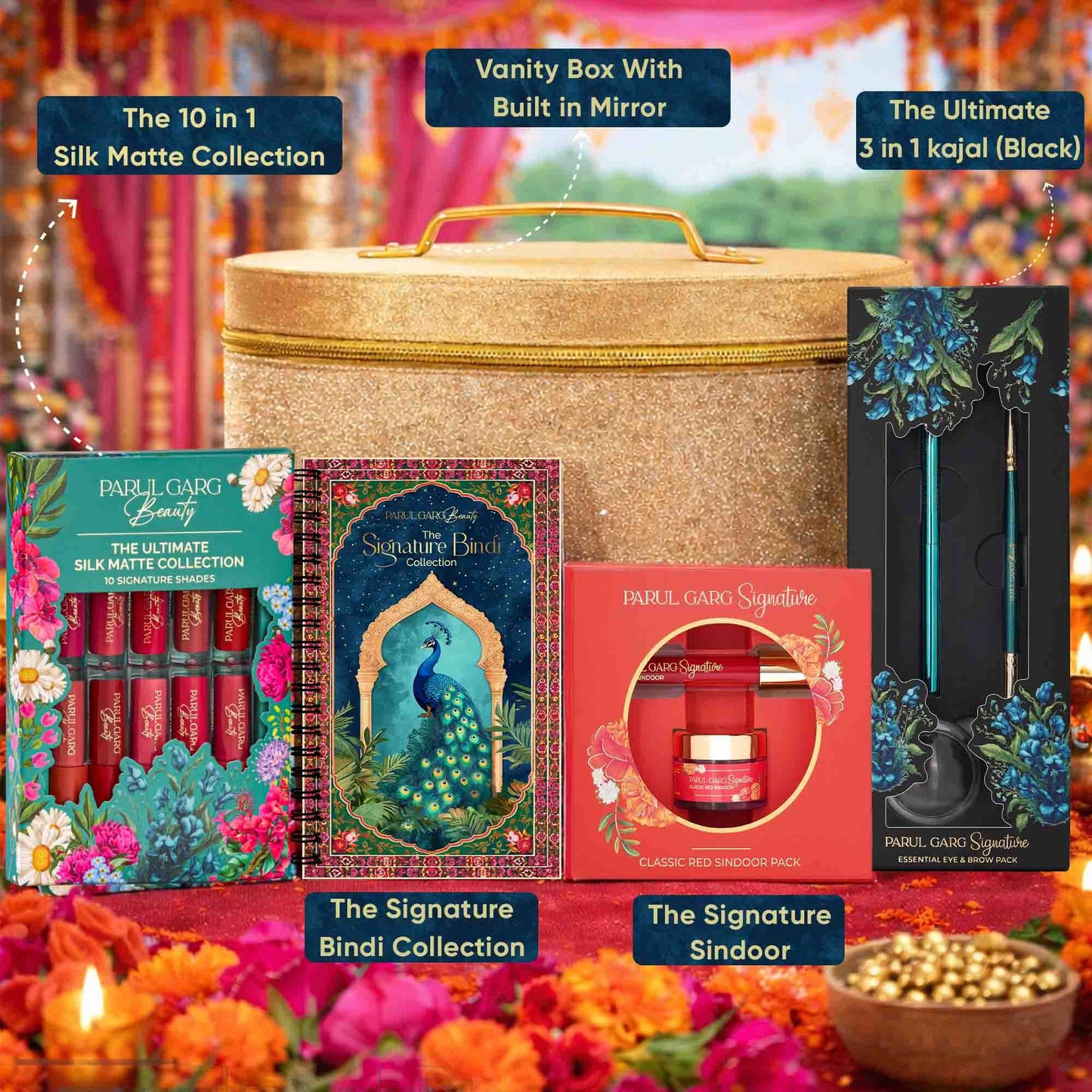 Parul Garg Beauty Bridal Vanity Makeup Kit, 10 Mini Lipsticks, Kajal, Sindoor & 950+ Bindi Book