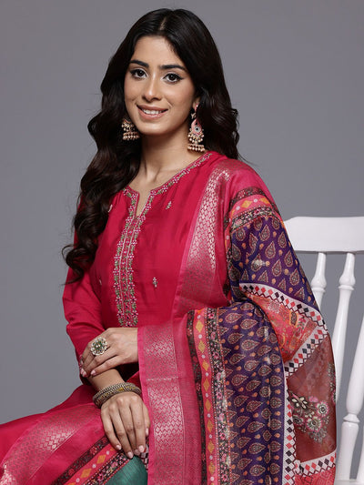Indyancart VA Women'sThread & Zari Embroidered Kurta with Trouser & Ethnic Printed Dupatta