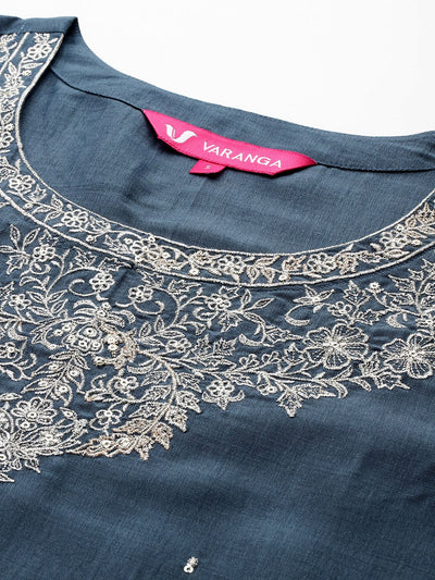 Indyancart VA Women'sFloral Embroidered Kurta With Trousers & Dupatta