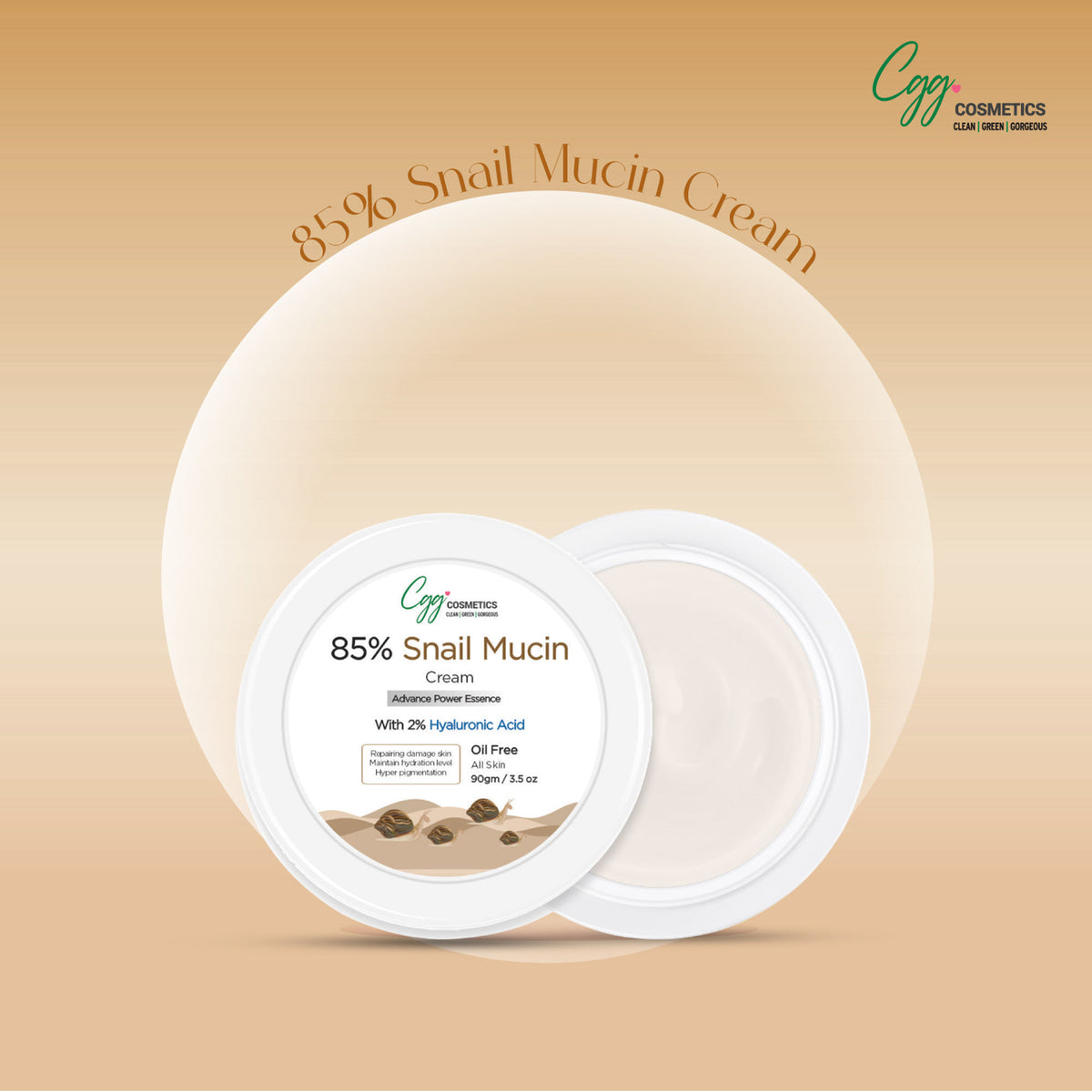 CGG Cosmetics Snail Mucin All-In-One Cream jar showcasing its label and packaging, highlighting the skincare product.