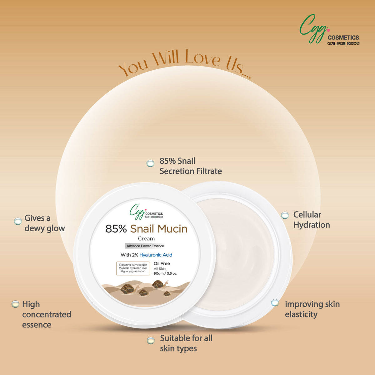 CGG Cosmetics Slay All In One Cream with 85% Snail Mucin, shown in a jar with a white lid and sleek packaging.
