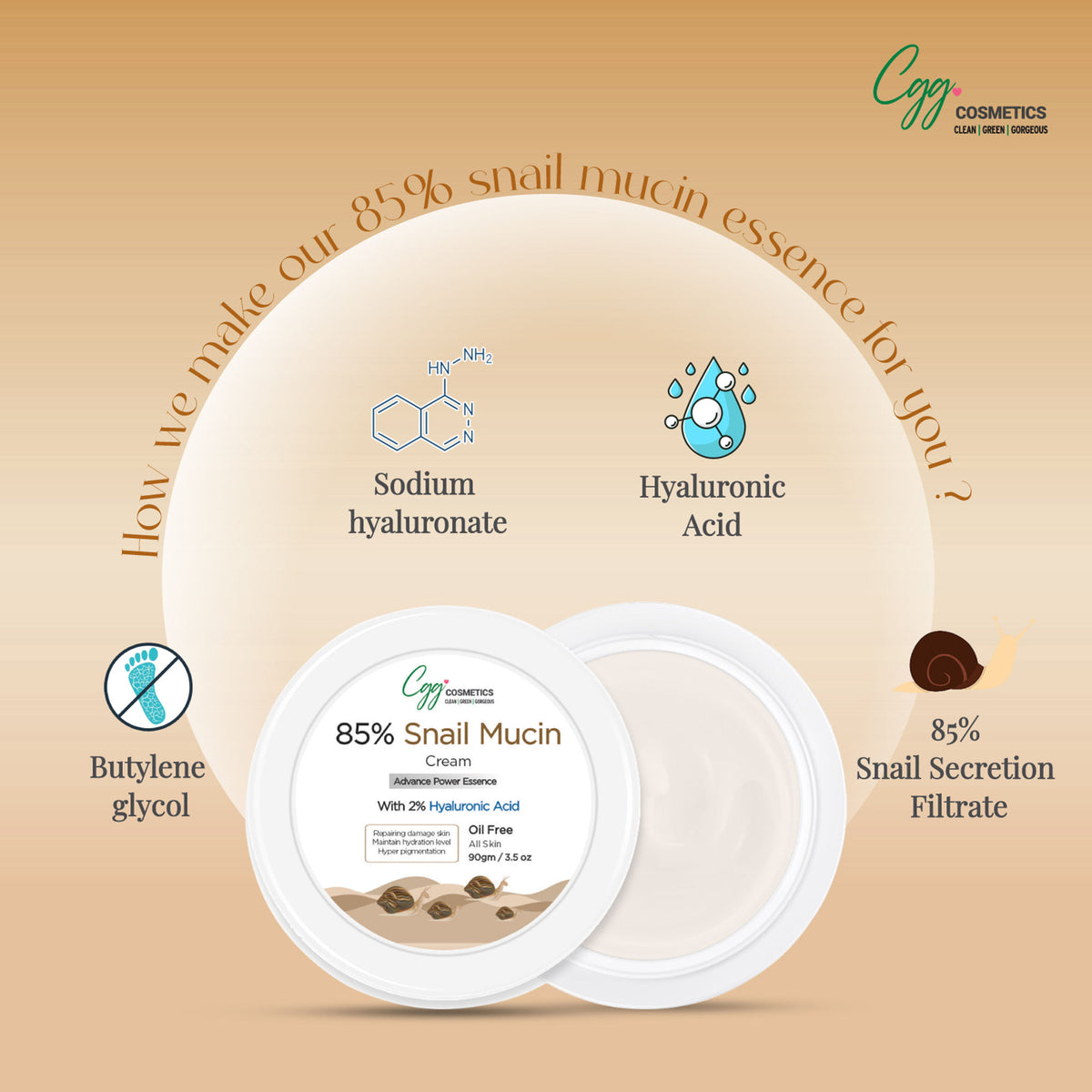 CGG Cosmetics snail mucin all-in-one cream jar with gold lid, showing the product label and smooth cream texture.