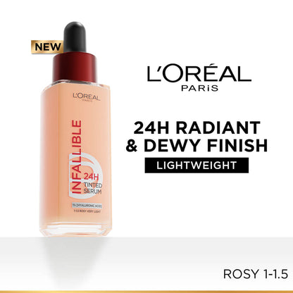 L’Oreal Paris Infallible 24H Tinted Serum Foundation, Lightweight, Dewy & Radiant - Rosy