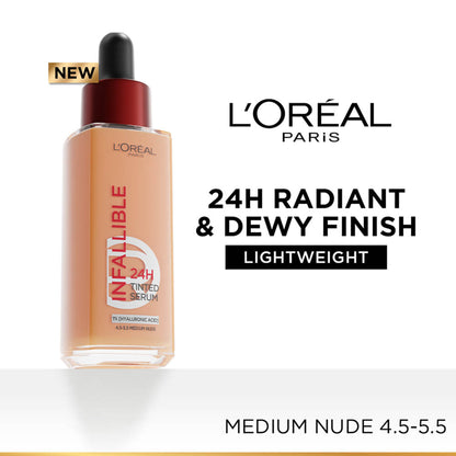 L’Oreal Paris Infallible 24H Tinted Serum Foundation, Lightweight, Dewy & Radiant - Medium Nude