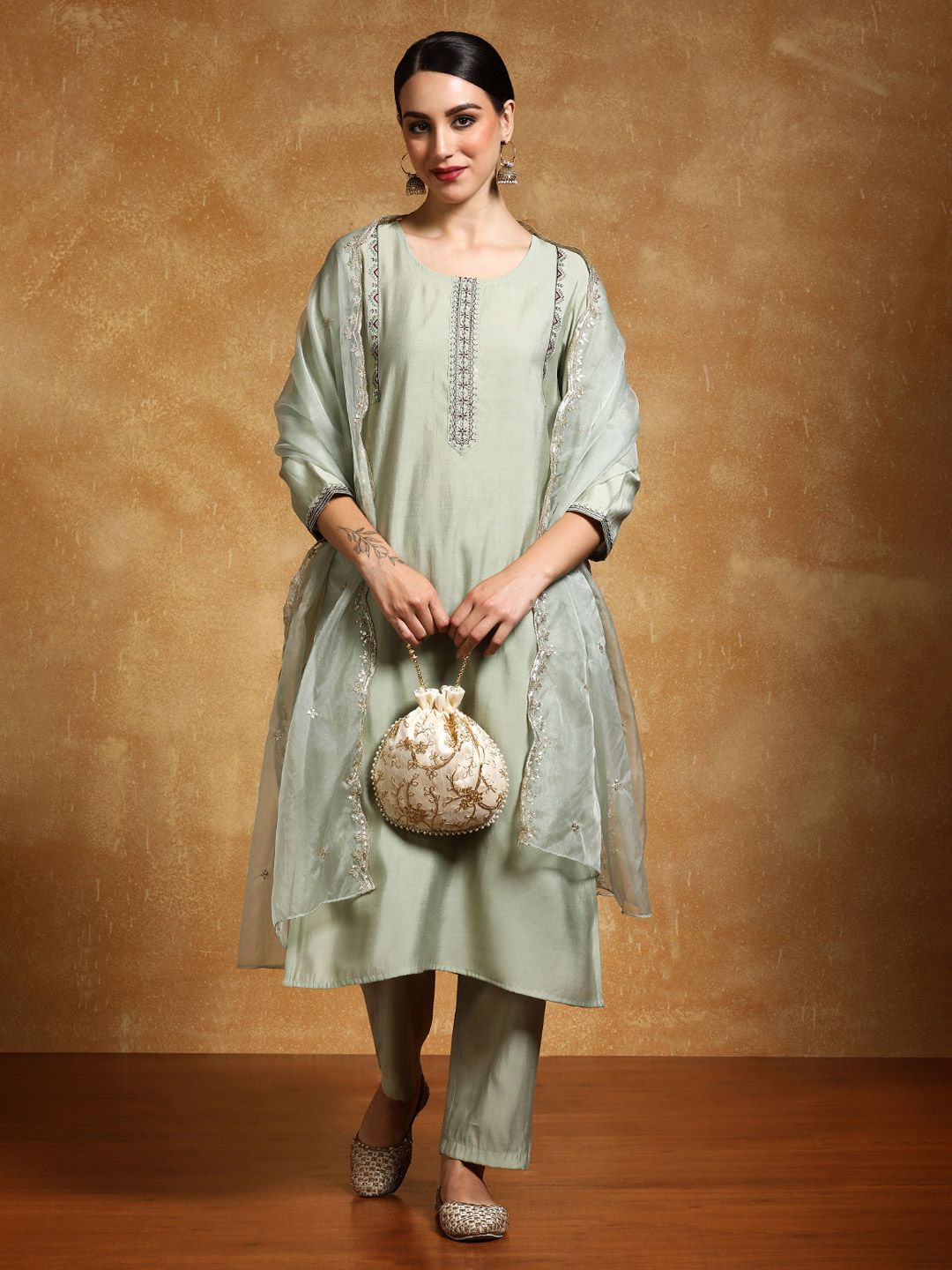 Dhiyona VA Women'sFloral Yoke Design Sequinned Straight Kurta With Trousers And Dupatta