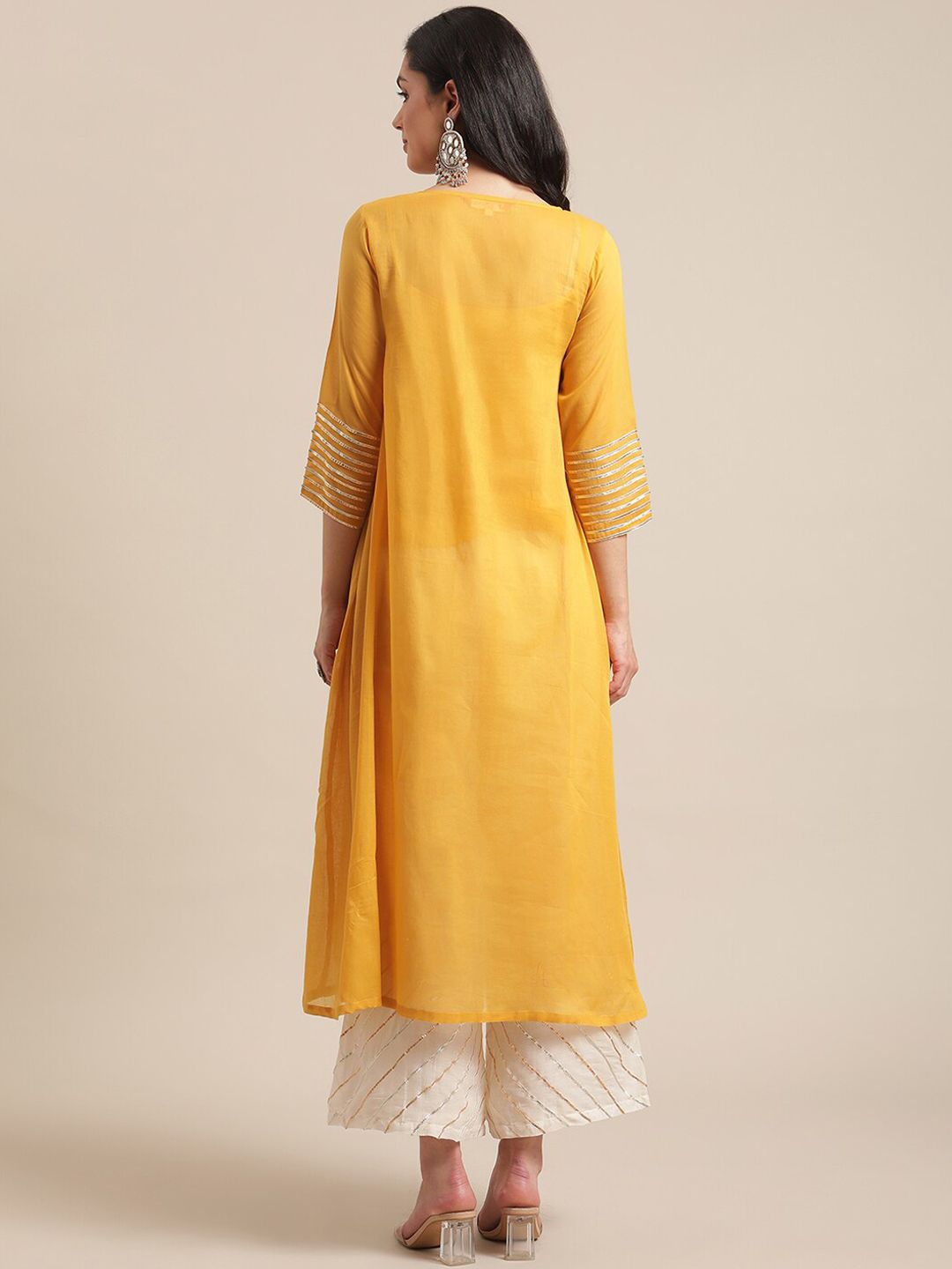 Indyancart VA Women's Mustard Yellow Panelled Gotta Patti Pure Cotton Kurta with Trousers