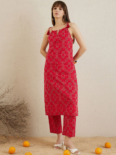Indyancart IE Bandhani Printed Shoulder Straps Pure Cotton Kurta with Trousers