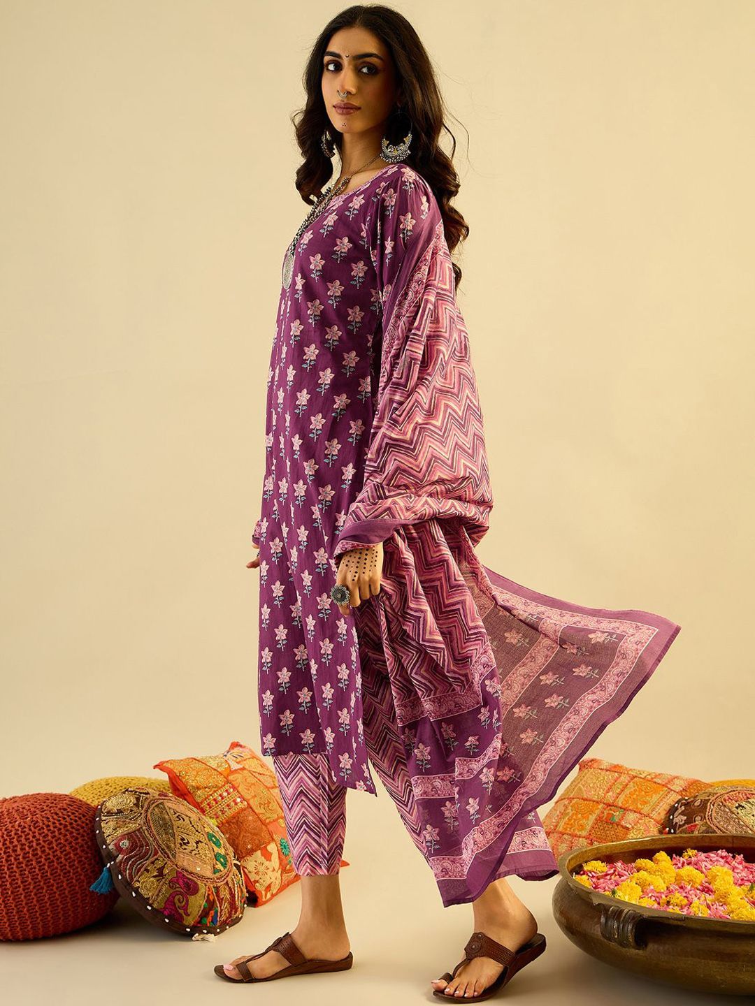 Purple Floral Printed V-Neck Pure Cotton Straight Kurta with Trousers & Dupatta