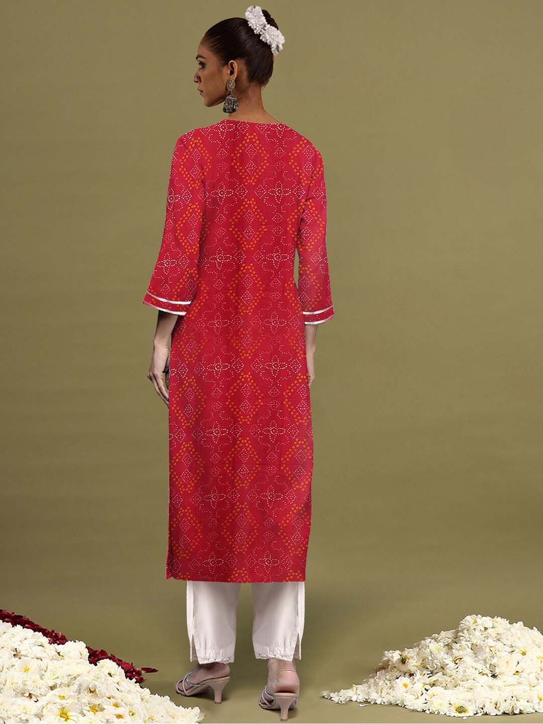 Indyancart IE Women Floral Printed Notched Neck Thread Work Straight Cotton Kurta