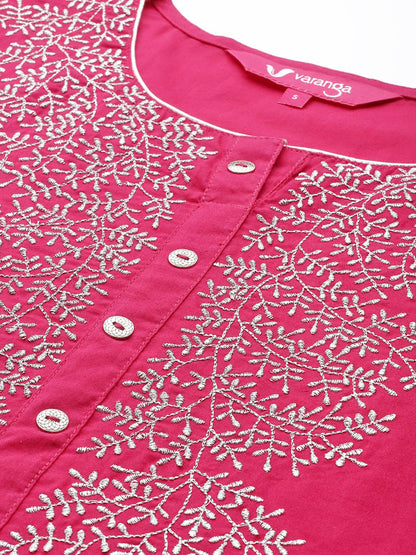 Indyancart VA Women's Fuchsia Pink Ethnic Motifs Pure Cotton Kurta with Palazzos & With Dupatta