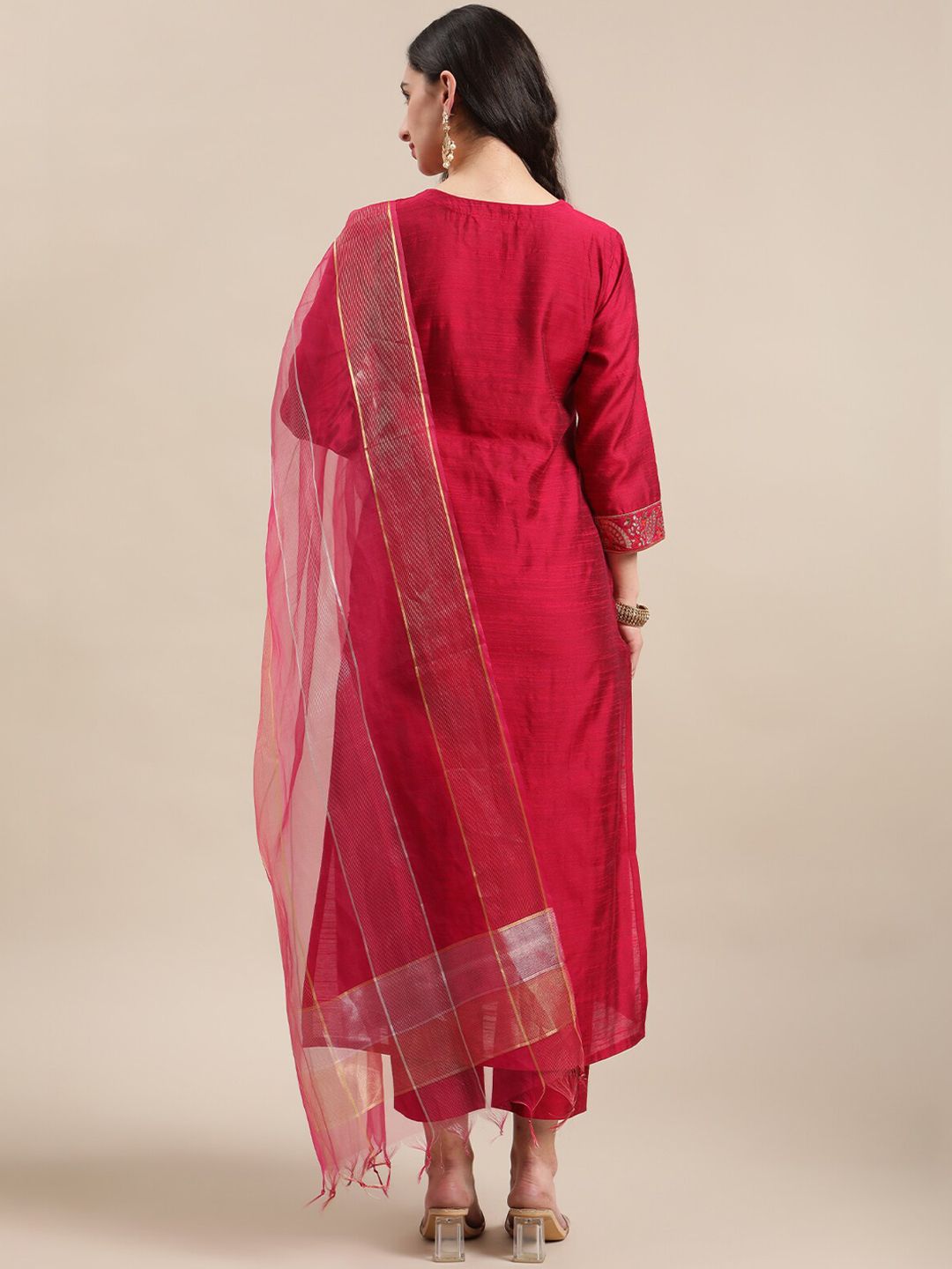 Indyancart VA Women's Red Yoke Design Kurta with Trousers & With Dupatta