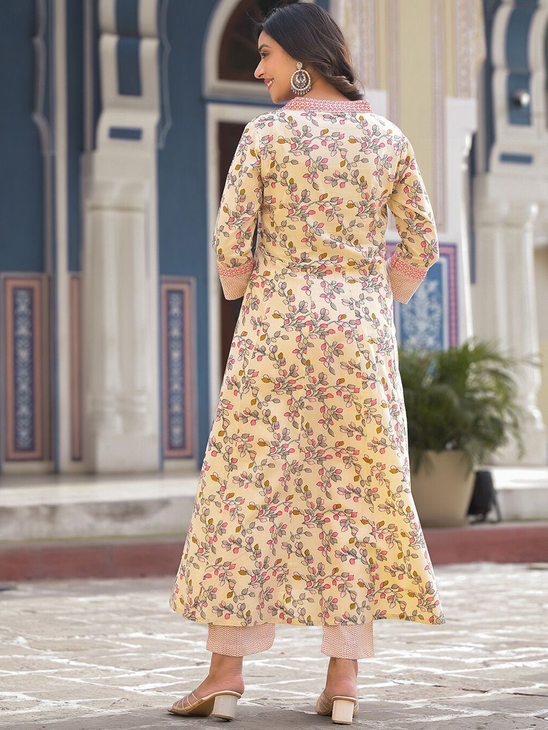 Indyancart VA Women'sFloral Printed Pure Cotton Empire Anarkali Kurta With Trouser & Dupatta