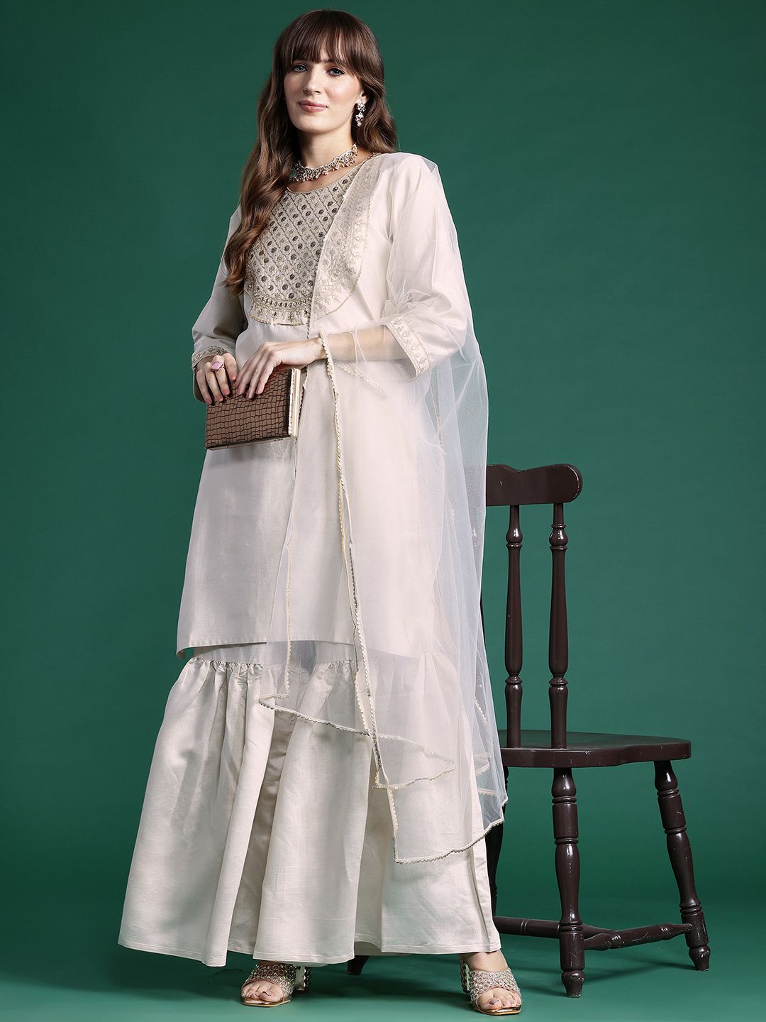 Indyancart IE Ethnic Motifs Embroidered Gotta Patti Liva Kurta With Sharara & Dupatta