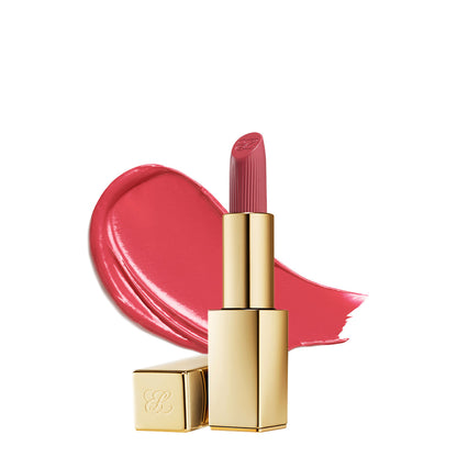 Estee Lauder Pure Color Lipstick in Rebellious Rose with crème finish, featuring a vibrant lipstick tube and shade swatch.