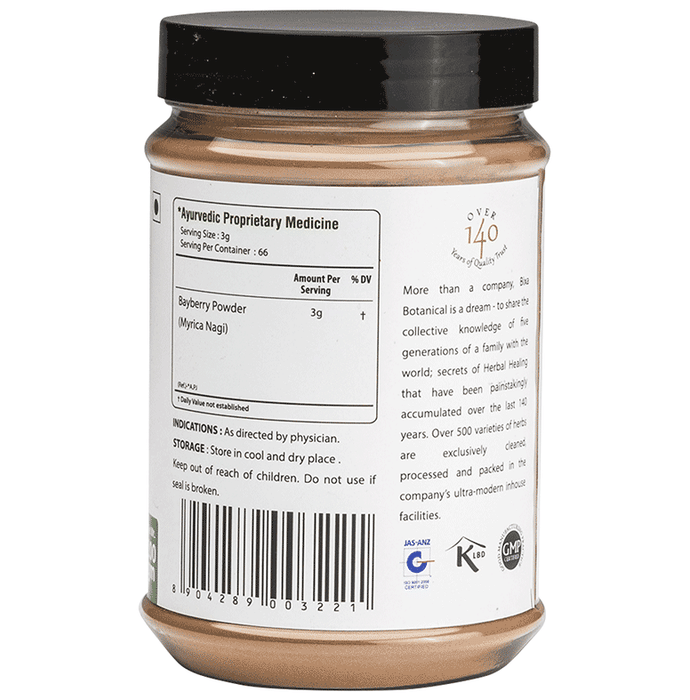 Bixa Botanical Kaiphal Powder in a glass jar, Ayurvedic herbal powder with a light brown color, used for traditional medicinal purposes.