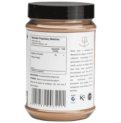Bixa Botanical Kaiphal Powder in a glass jar, Ayurvedic herbal powder with a light brown color, used for traditional medicinal purposes.
