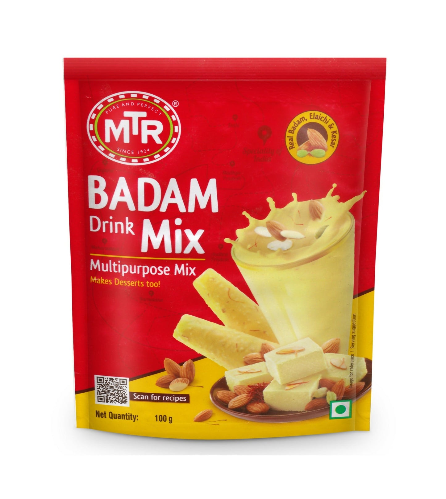 MTR Badam Drink Mix instant powder in a jar, with almonds and packaging visible, ready to make a flavorful almond drink.