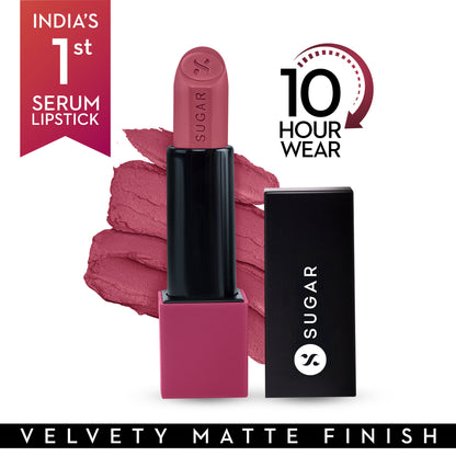 SUGAR Glide Peptide Serum Lipstick in Parisian Pink with velvet matte finish, featuring hydrating HA and Vitamin E.