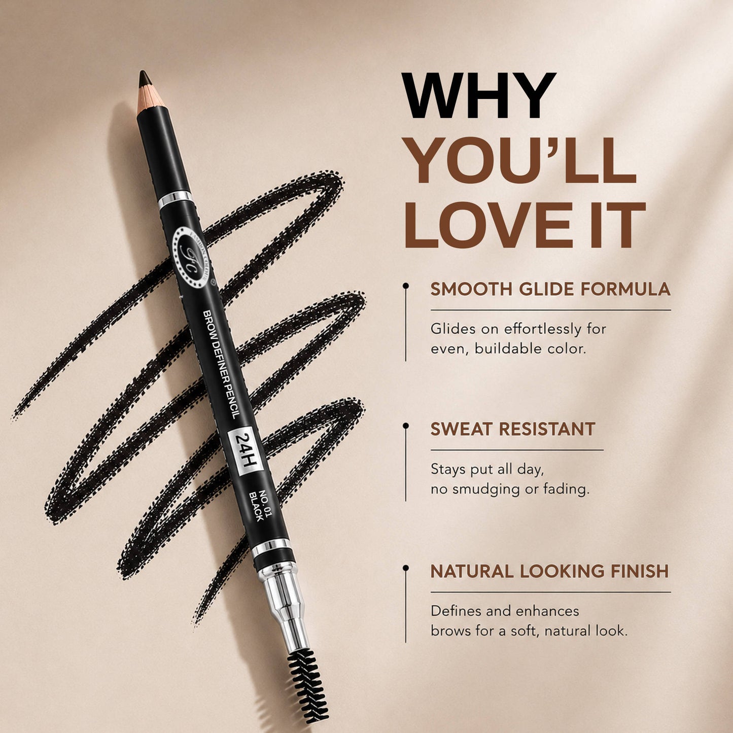 FASHION COLOUR Colour Brow Definer Pencil With Spoolie - Black