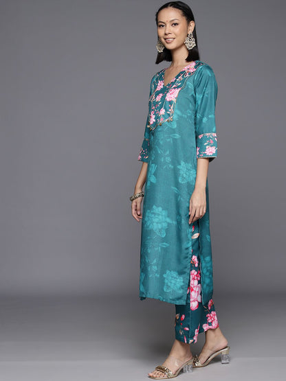 Indyancart VA Women's Floral Printed Regular Gotta Patti Kurta with Trousers & Dupatta