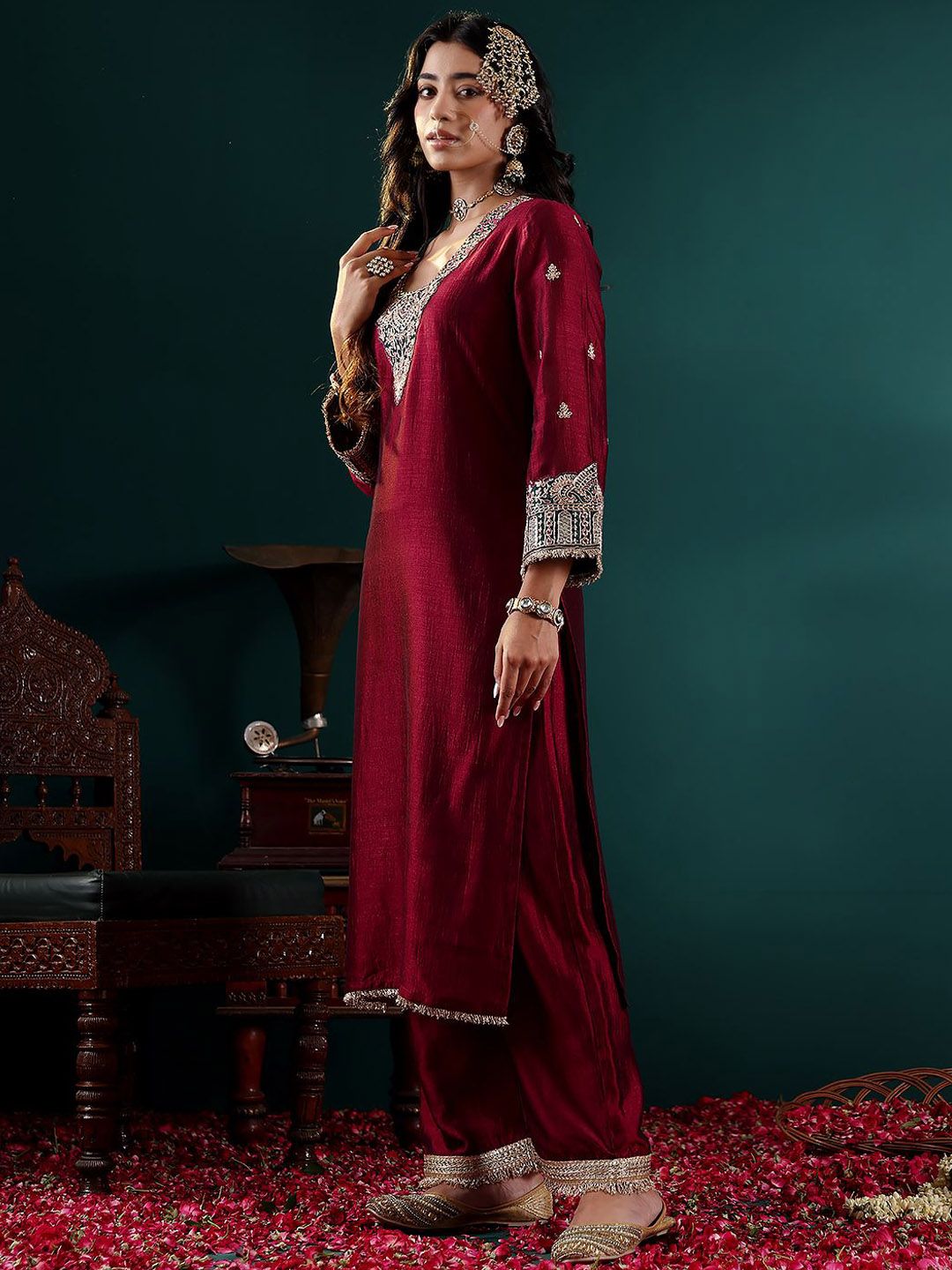 Indyancart VA Women'sMaroon Floral Embroidered Sequinned Straight Kurta with Palazzos & Dupatta