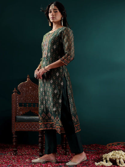 Indyancart VA Women's Ethnic Motifs Embroidered Regular Chanderi Silk Kurta with Trousers & With Dupatta