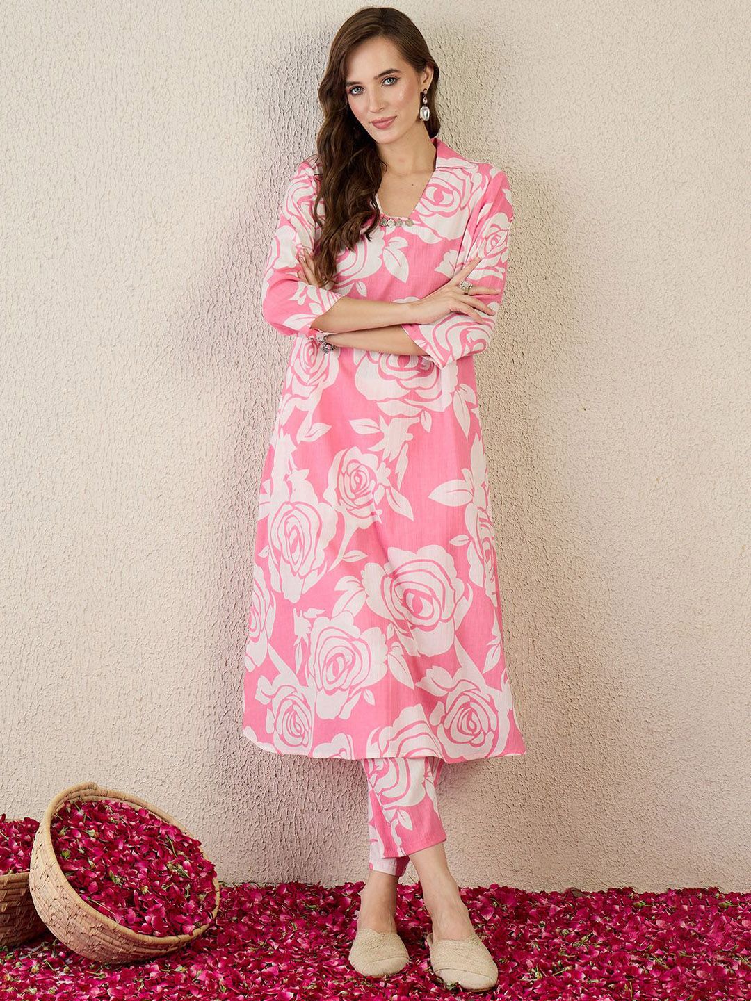 Indyancart IE Printed Pure Cotton Collar Neck Top With Trousers A-Line Co-Ords