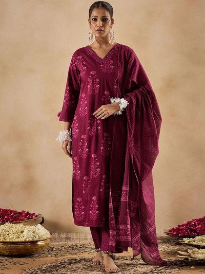 Dhiyona IE Floral Printed V-Neck Pure Cotton Straight Kurta With Trousers & Dupatta