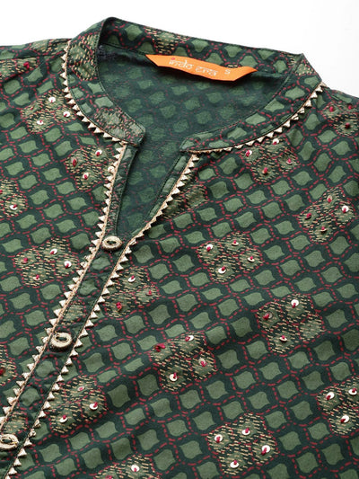 Dhiyona IE Women Green Printed Regular Kurta with Trousers & Dupatta