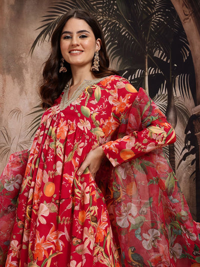 Indyancart SN Women's Floral Print Empire Kurta with Sharara & Dupatta