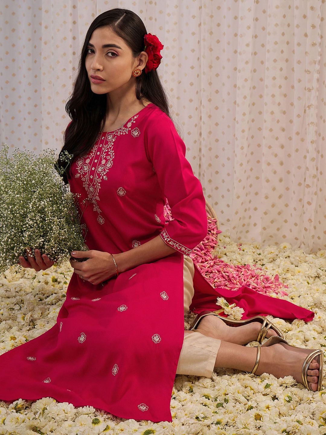 Indyancart IE Floral Embroidered Round Neck Three-Quarter Sleeves Floral Kurta