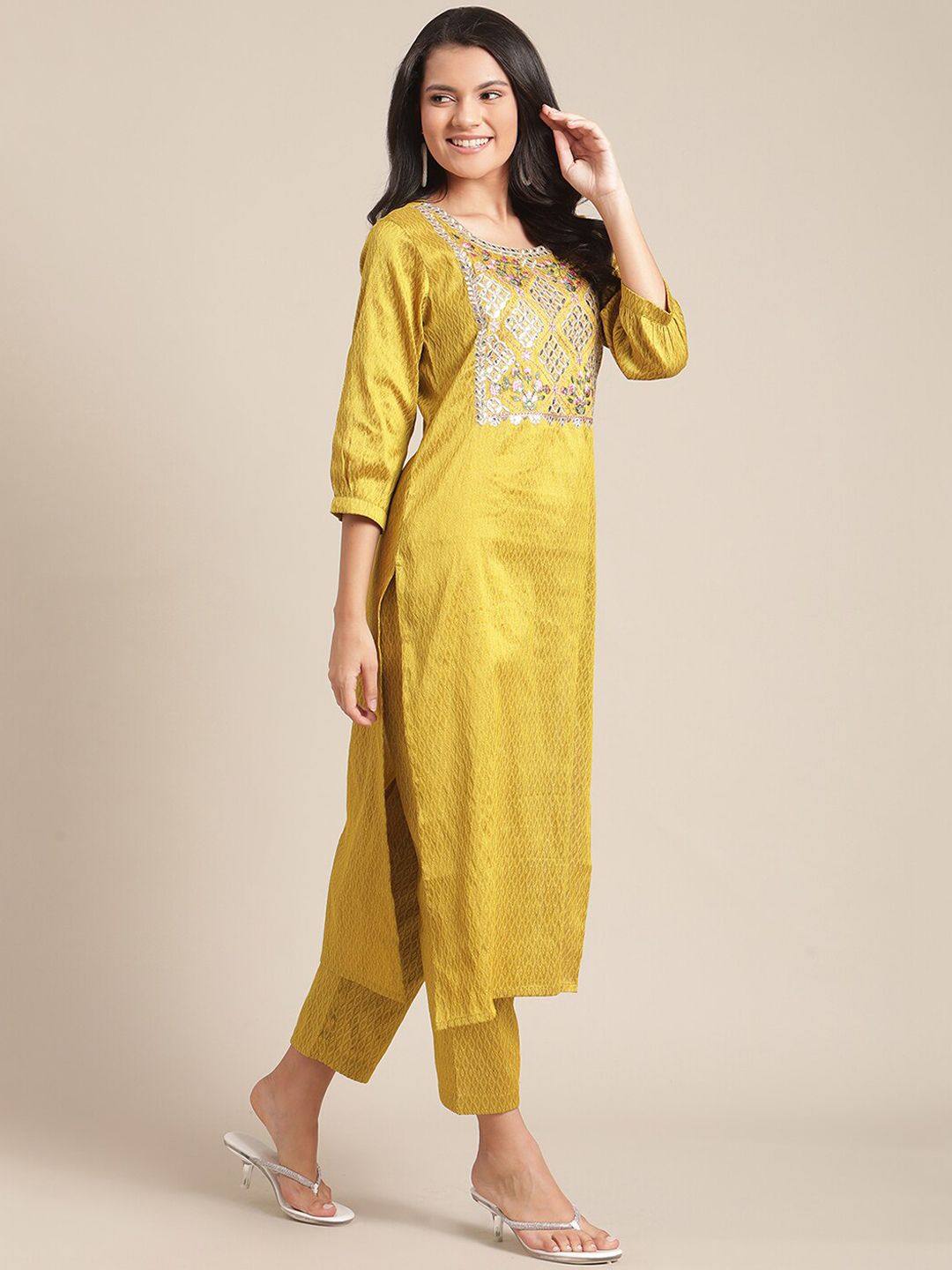 Indyancart VA Women's Mustard Yellow Embroidered Pure Silk Kurta with Trousers & With Dupatta